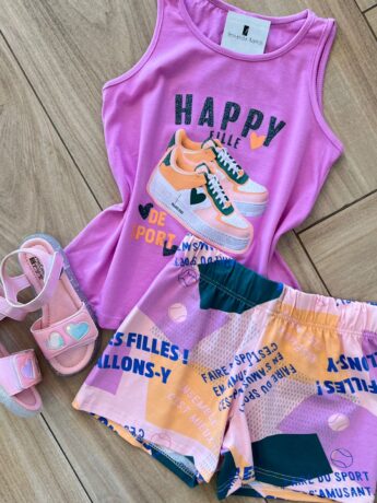 fernandaramoskids com br Conjunto Infantil Feminino Regata Happy Fille e Short Estampado1