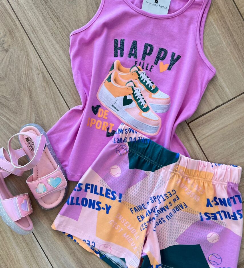 fernandaramoskids com br Conjunto Infantil Feminino Regata Happy Fille e Short Estampado1