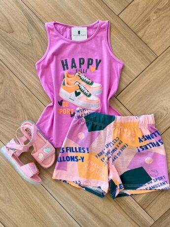 Conjunto Infantil Feminino Regata Happy Fille e Short Estampado Fernanda Ramos Kids