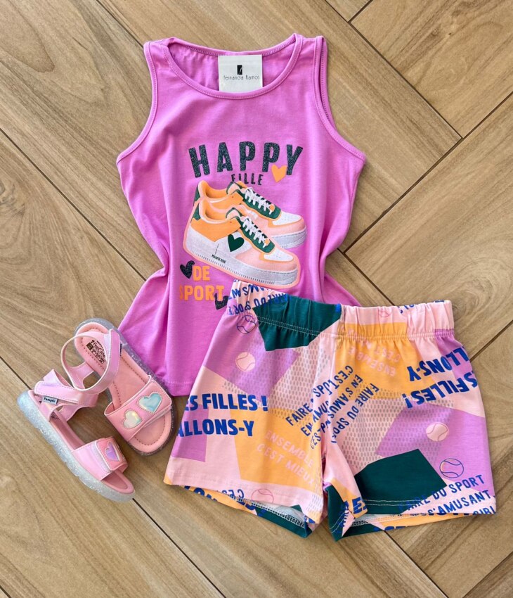 Conjunto Infantil Feminino Regata Happy Fille e Short Estampado Fernanda Ramos Kids