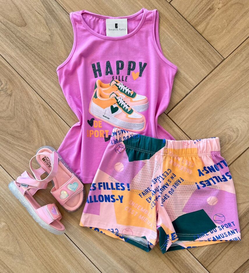 Conjunto Infantil Feminino Regata Happy Fille e Short Estampado Fernanda Ramos Kids