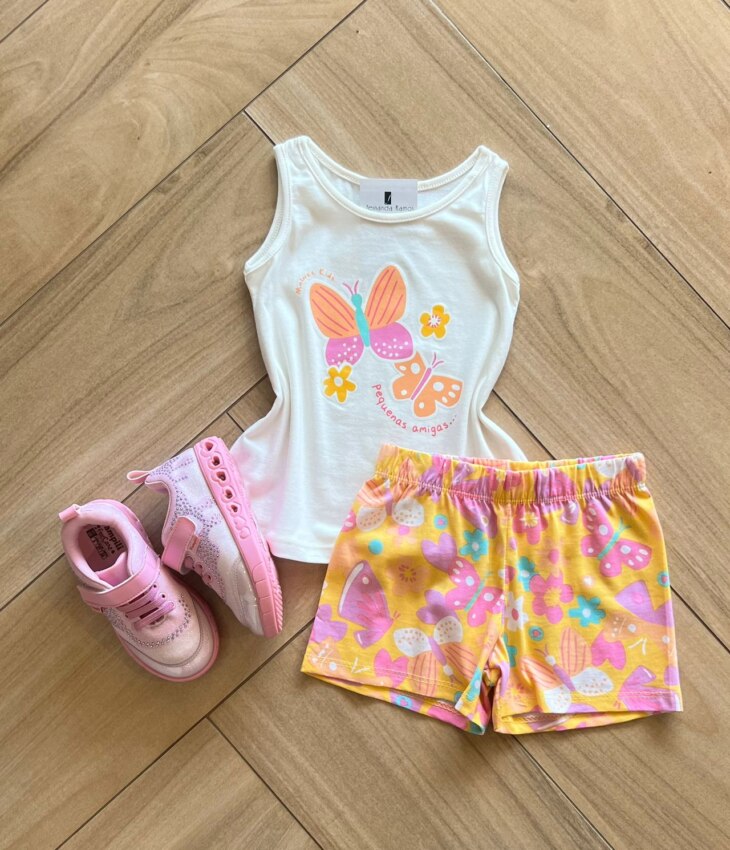 Conjunto Infantil Feminino Regata Pequenas Amigas e Short Estampado Fernanda Ramos Kids
