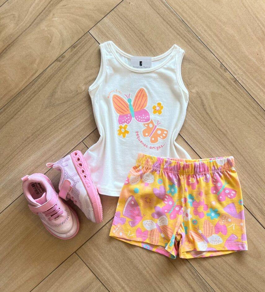 Conjunto Infantil Feminino Regata Pequenas Amigas e Short Estampado Fernanda Ramos Kids