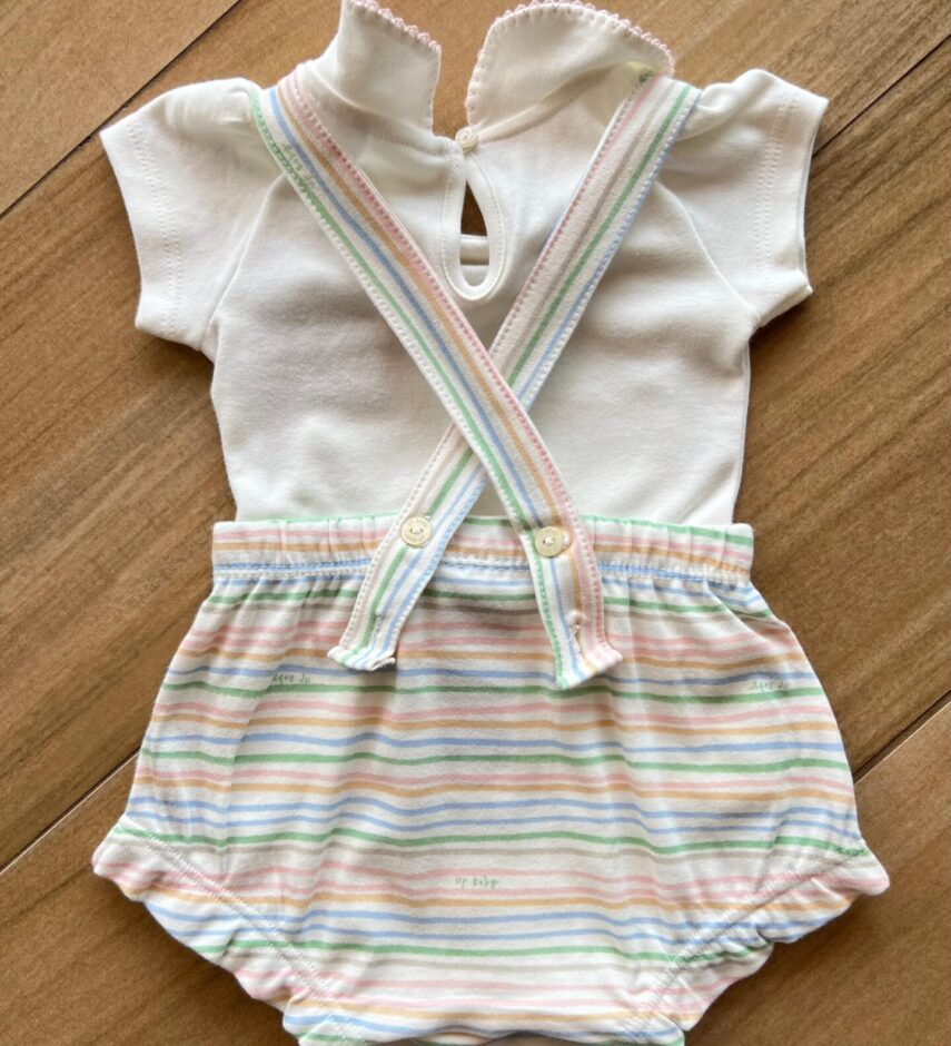 Conjunto Infantil Feminino Suede Body Off White e Jardineira Listrada Fernanda Ramos Kids