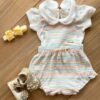 Conjunto Infantil Feminino Suede Body Off White e Jardineira Listrada Fernanda Ramos Kids