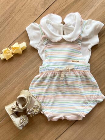 Conjunto Infantil Feminino Suede Body Off White e Jardineira Listrada Fernanda Ramos Kids