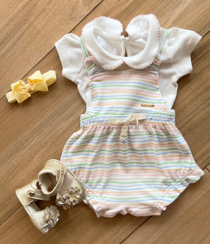 Conjunto Infantil Feminino Suede Body Off White e Jardineira Listrada Fernanda Ramos Kids