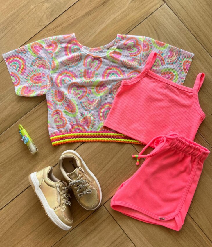 Conjunto Infantil Feminino Top Blusa Boxy e Short Moletom Estampado Fernanda Ramos Kids