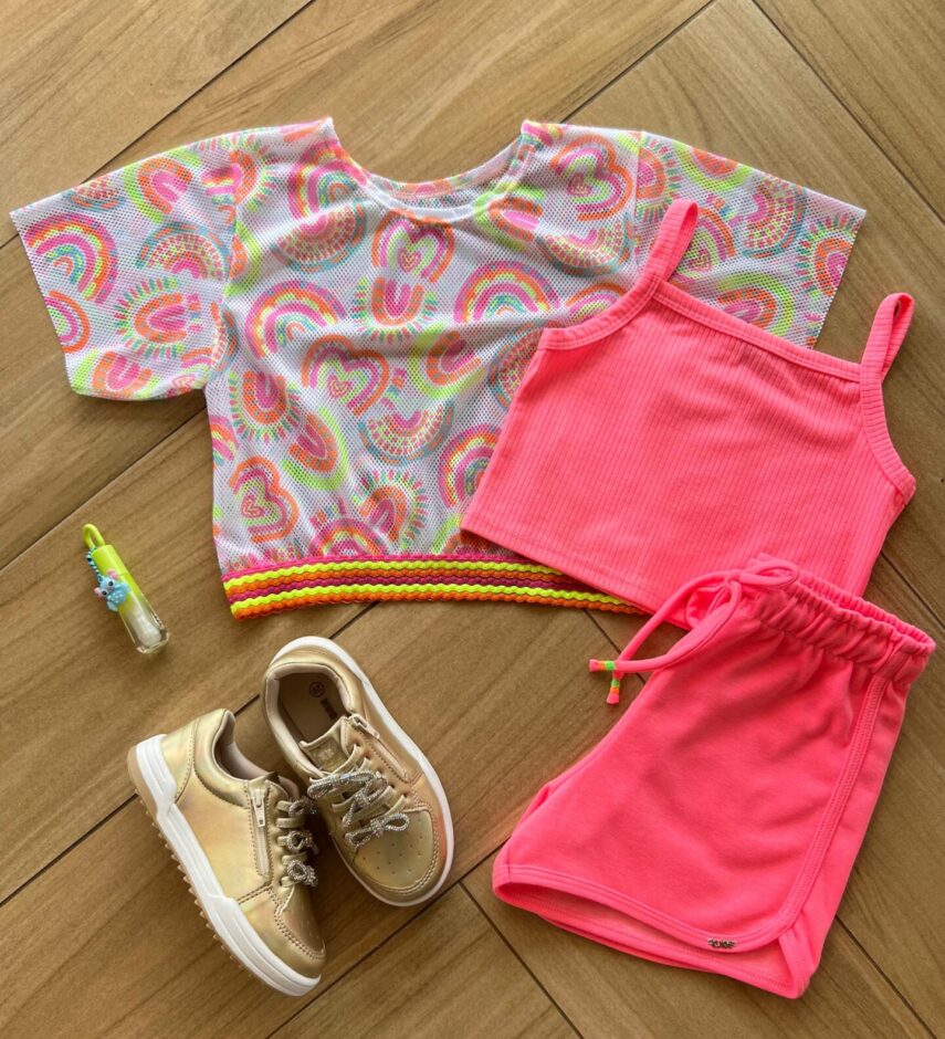 Conjunto Infantil Feminino Top Blusa Boxy e Short Moletom Estampado Fernanda Ramos Kids