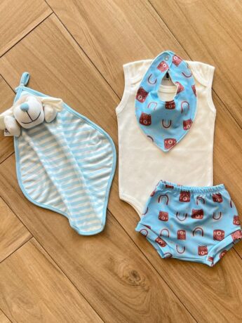 Conjunto Infantil Masculino 3 Pecas Body e Short e Babador Ursinho Fernanda Ramos Kids