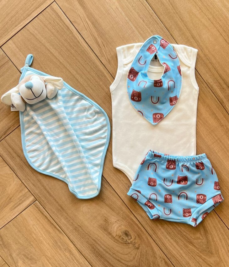 Conjunto Infantil Masculino 3 Pecas Body e Short e Babador Ursinho Fernanda Ramos Kids