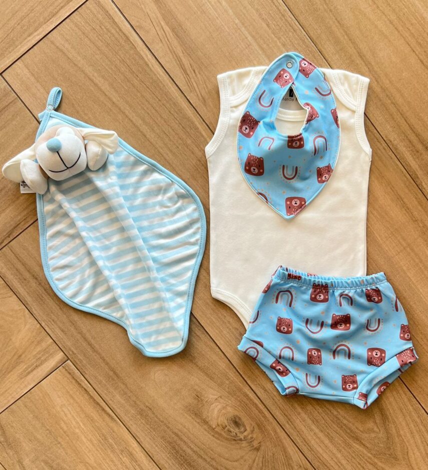 Conjunto Infantil Masculino 3 Pecas Body e Short e Babador Ursinho Fernanda Ramos Kids