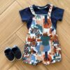 Conjunto Infantil Masculino Body Azul e Jardineira Moletom Estampada Fernanda Ramos Kids