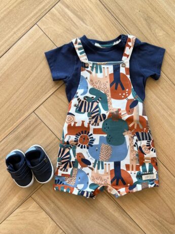 Conjunto Infantil Masculino Body Azul e Jardineira Moletom Estampada Fernanda Ramos Kids