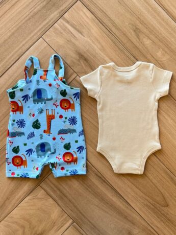 Conjunto Infantil Masculino Body Babador e Jardineira Estampada Azul Fernanda Ramos Kids