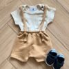 Conjunto Infantil Masculino Body Bege e Jardineira Moletom Mescla Fernanda Ramos Kids