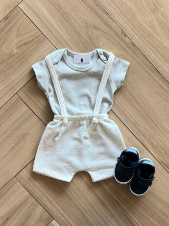 Conjunto Infantil Masculino Body Cinza e Jardineira Moletom Mescla Fernanda Ramos Kids