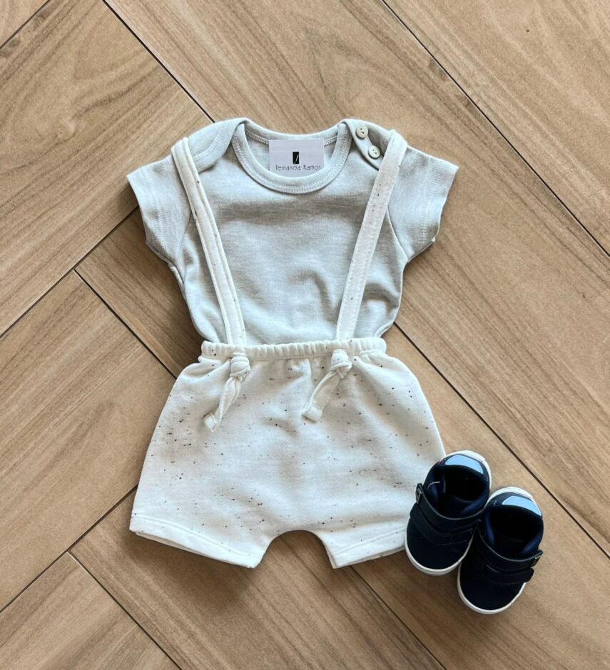 Conjunto Infantil Masculino Body Cinza e Jardineira Moletom Mescla Fernanda Ramos Kids