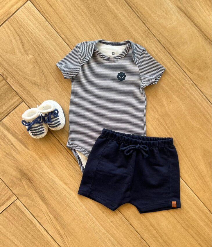 Conjunto Infantil Masculino Body Listrado e Short Azul Marinho Fernanda Ramos Kids