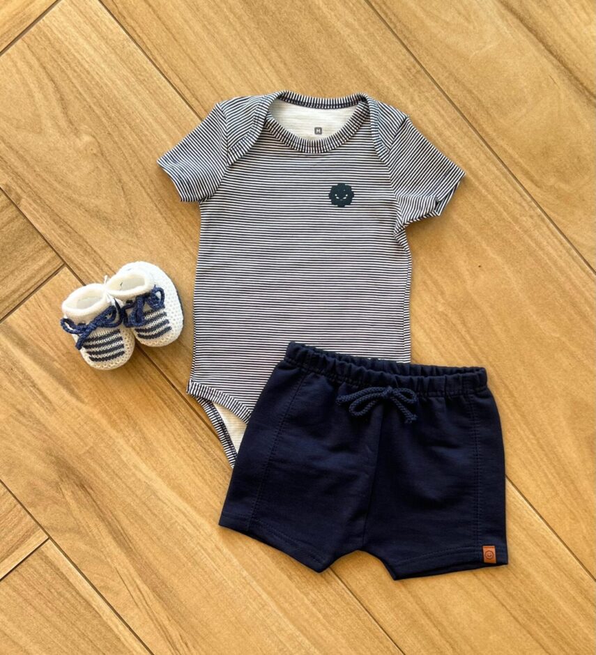 Conjunto Infantil Masculino Body Listrado e Short Azul Marinho Fernanda Ramos Kids