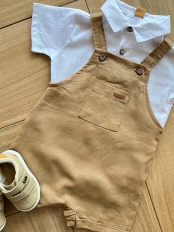 fernandaramosstore com br Conjunto Infantil Masculino Body Polo e Jardineira Caramelo1