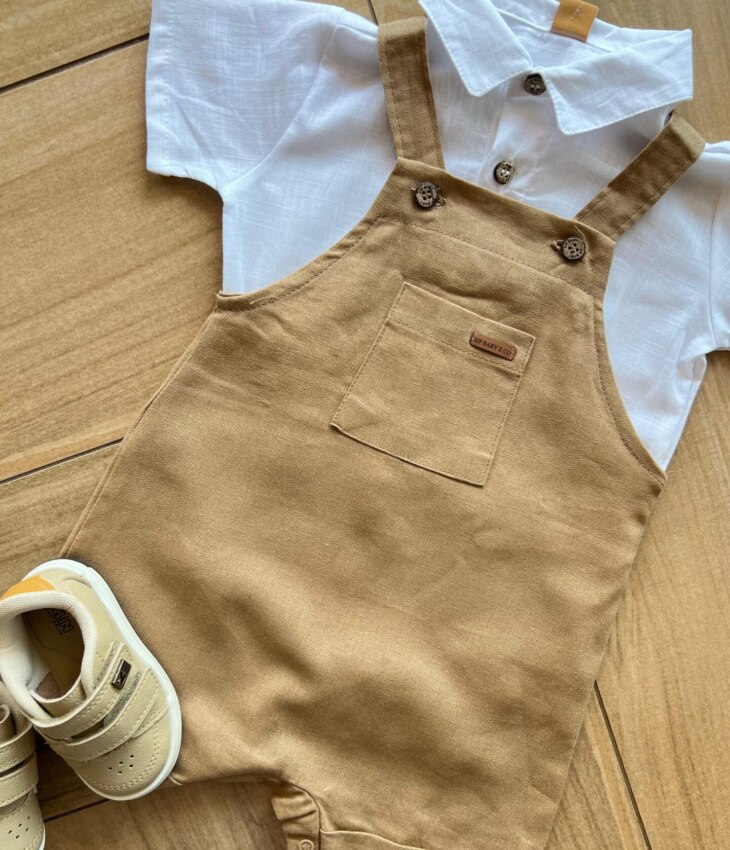 fernandaramosstore com br Conjunto Infantil Masculino Body Polo e Jardineira Caramelo1
