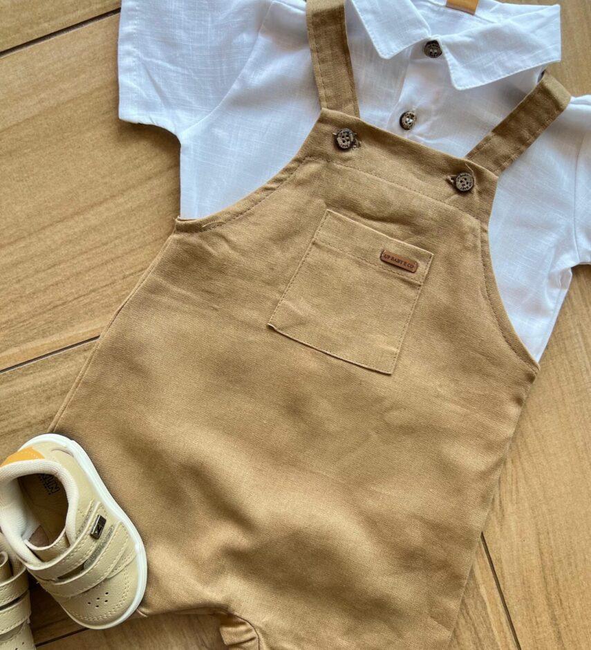 fernandaramosstore com br Conjunto Infantil Masculino Body Polo e Jardineira Caramelo1