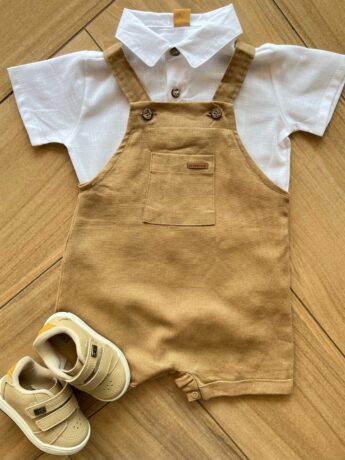 Conjunto Infantil Masculino Body Polo e Jardineira Caramelo Fernanda Ramos Kids