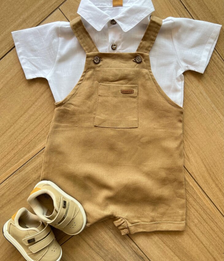 Conjunto Infantil Masculino Body Polo e Jardineira Caramelo Fernanda Ramos Kids