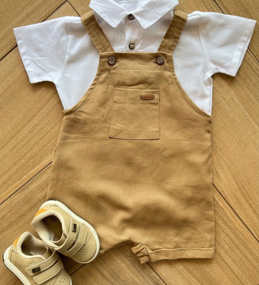 Conjunto Infantil Masculino Body Polo e Jardineira Caramelo Fernanda Ramos Kids