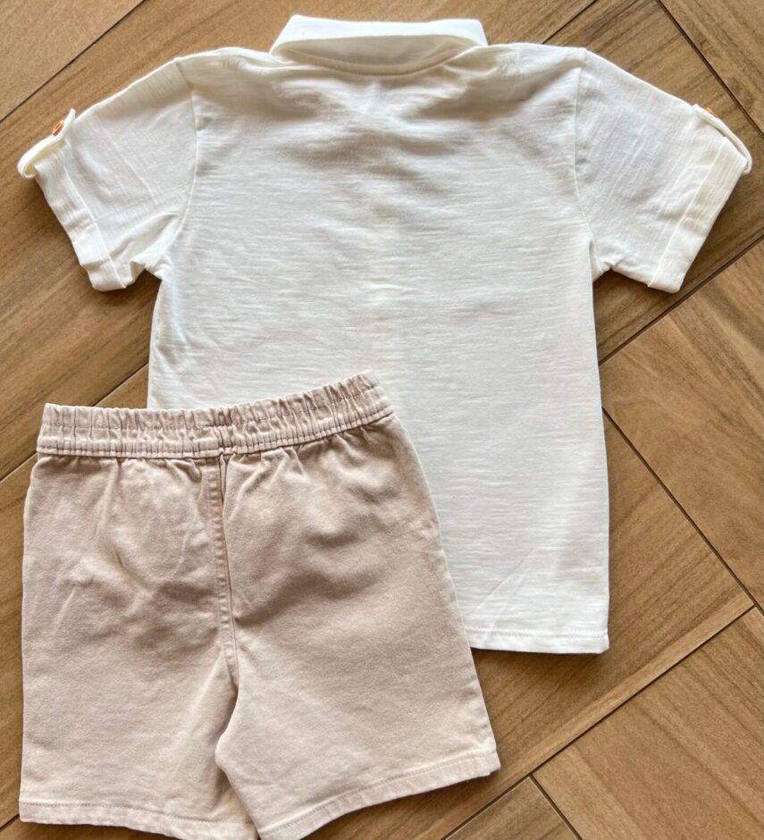 Conjunto Infantil Masculino Camisa com Gola e Bermuda Bege Fernanda Ramos Kids