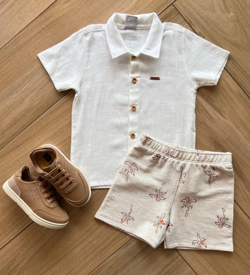 Conjunto Infantil Masculino Camisa em Linho e Bermuda Estampado Fernanda Ramos kids