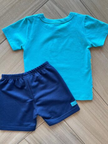 Conjunto Infantil Masculino Camiseta Animal Azul e Bermuda Azul Marinho Fernanda Ramos Kids