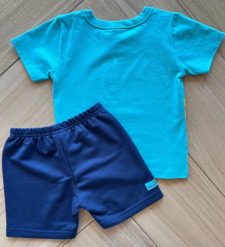 Conjunto Infantil Masculino Camiseta Animal Azul e Bermuda Azul Marinho Fernanda Ramos Kids
