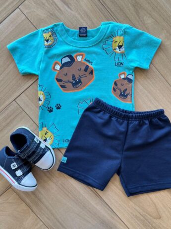Conjunto Infantil Masculino Camiseta Animal Azul e Bermuda Azul Marinho Fernanda Ramos Kids