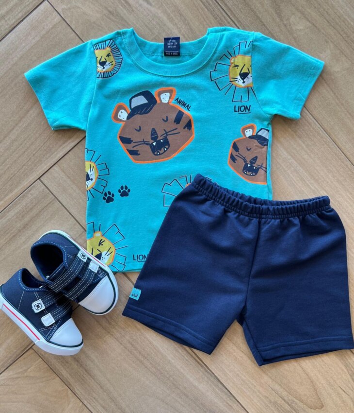Conjunto Infantil Masculino Camiseta Animal Azul e Bermuda Azul Marinho Fernanda Ramos Kids