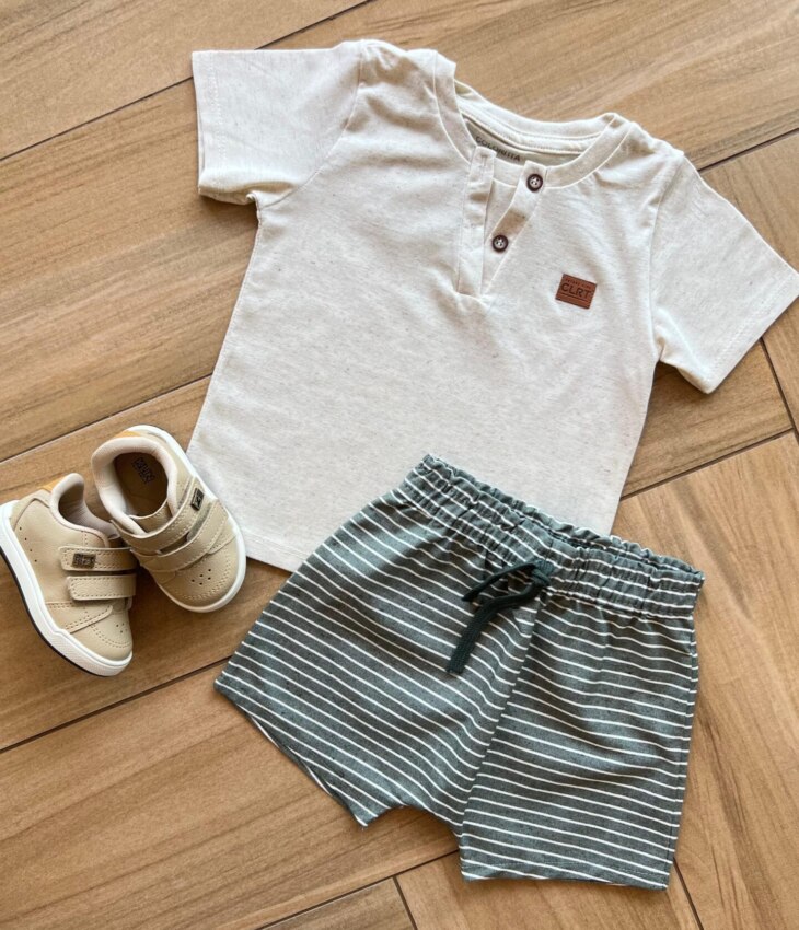 fernandaramoskids com br Conjunto Infantil Masculino Camiseta Bege Bermuda Listrada 1