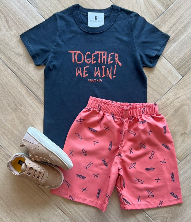 Conjunto Infantil Masculino Camiseta Bermuda Together We Win Fernanda Ramos Kids