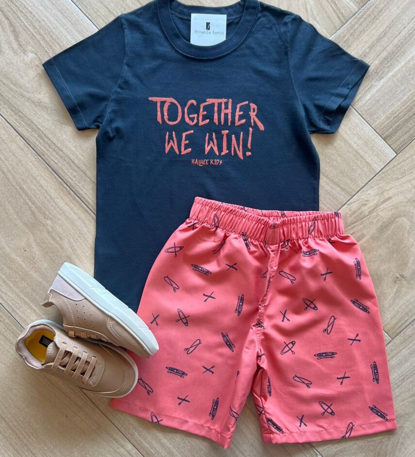 Conjunto Infantil Masculino Camiseta Bermuda Together We Win Fernanda Ramos Kids