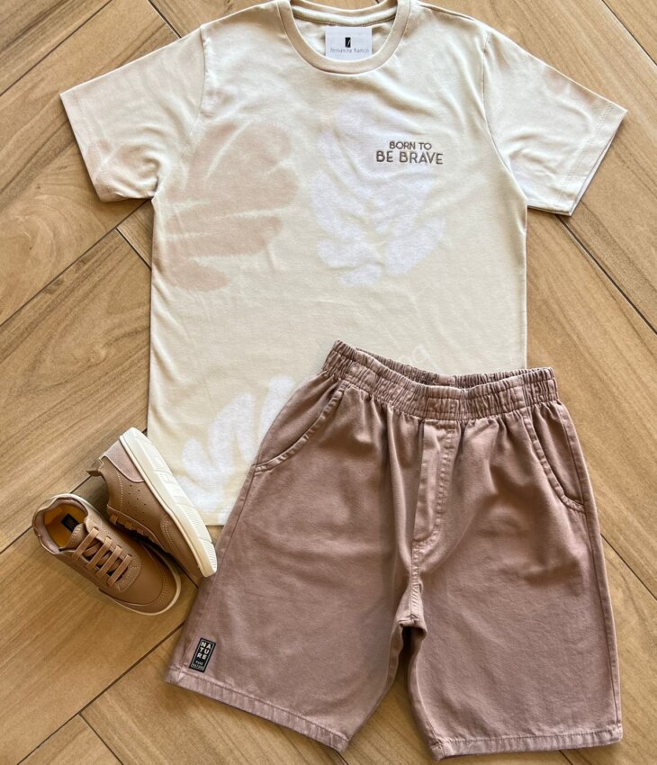 Conjunto Infantil Masculino Camiseta Born To Be Brave e Bermuda Fernanda Ramos Kids
