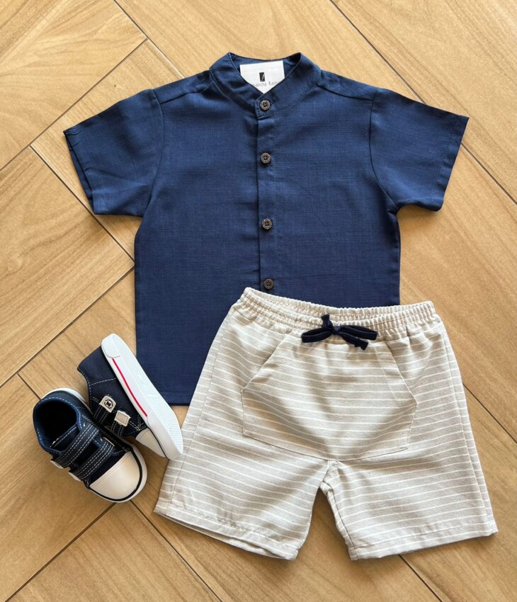Conjunto Infantil Masculino Camiseta com Botões Bermuda Listrada Fernanda Ramos Kids