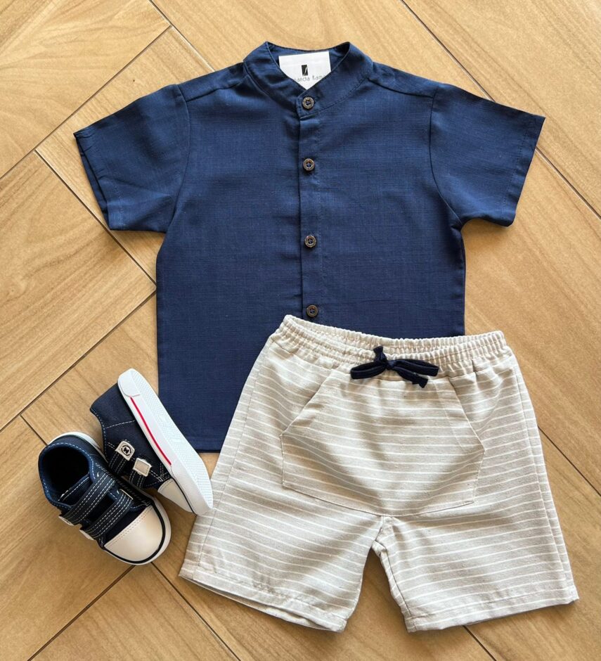Conjunto Infantil Masculino Camiseta com Botões Bermuda Listrada Fernanda Ramos Kids