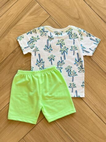 Conjunto Infantil Masculino Camiseta Coqueiros e Bermuda Verde Fernanda Ramos Kids