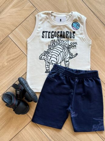 Conjunto Infantil Masculino Regata Dino e Bermuda Verde Musgo Fernanda Ramos Kids