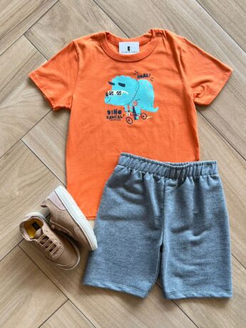 Conjunto Infantil Masculino Camiseta e Bermuda Dino Fernanda Ramos Kids