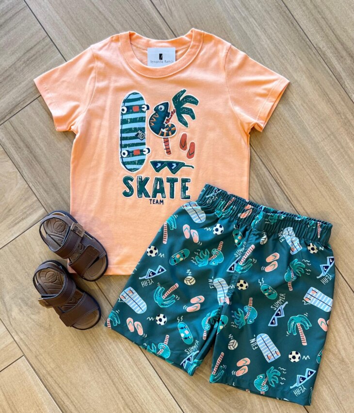 Conjunto Infantil Masculino Camiseta e Bermuda Estampa Camaleão Fernanda Ramos Kids