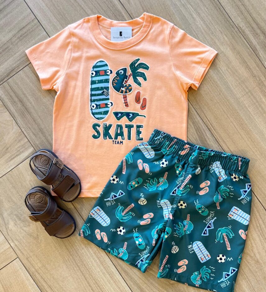 Conjunto Infantil Masculino Camiseta e Bermuda Estampa Camaleão Fernanda Ramos Kids
