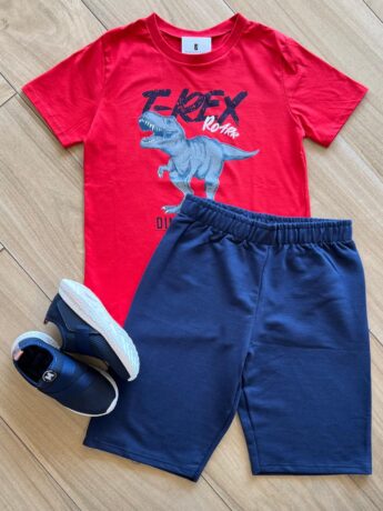 Conjunto Infantil Masculino Camiseta e Bermuda Tiranossauro Fernanda Ramos Kids