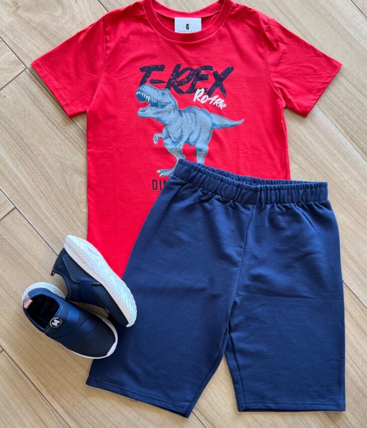 Conjunto Infantil Masculino Camiseta e Bermuda Tiranossauro Fernanda Ramos Kids