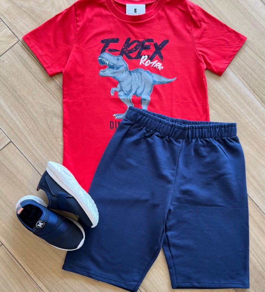 Conjunto Infantil Masculino Camiseta e Bermuda Tiranossauro Fernanda Ramos Kids